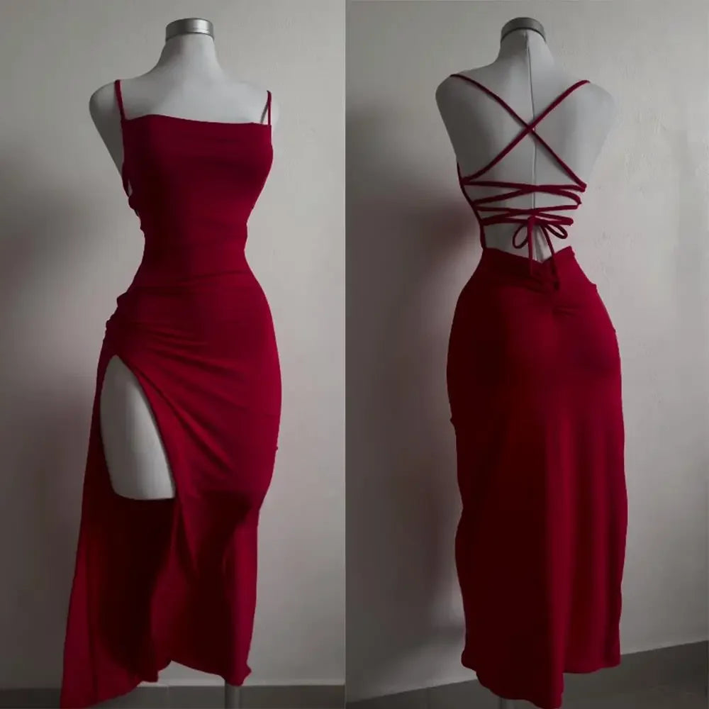 Women’s Halter Spaghetti Strap Ankle-Length Bodycon Dress