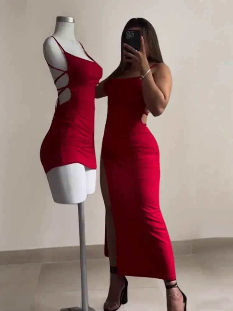 Women’s Halter Spaghetti Strap Ankle-Length Bodycon Dress
