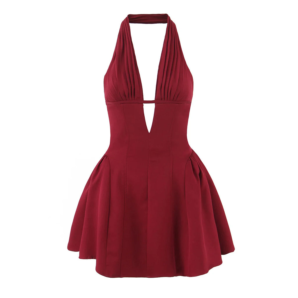 Red Color Retro Polka Dot Halter Mini Dress Backless A-Line
