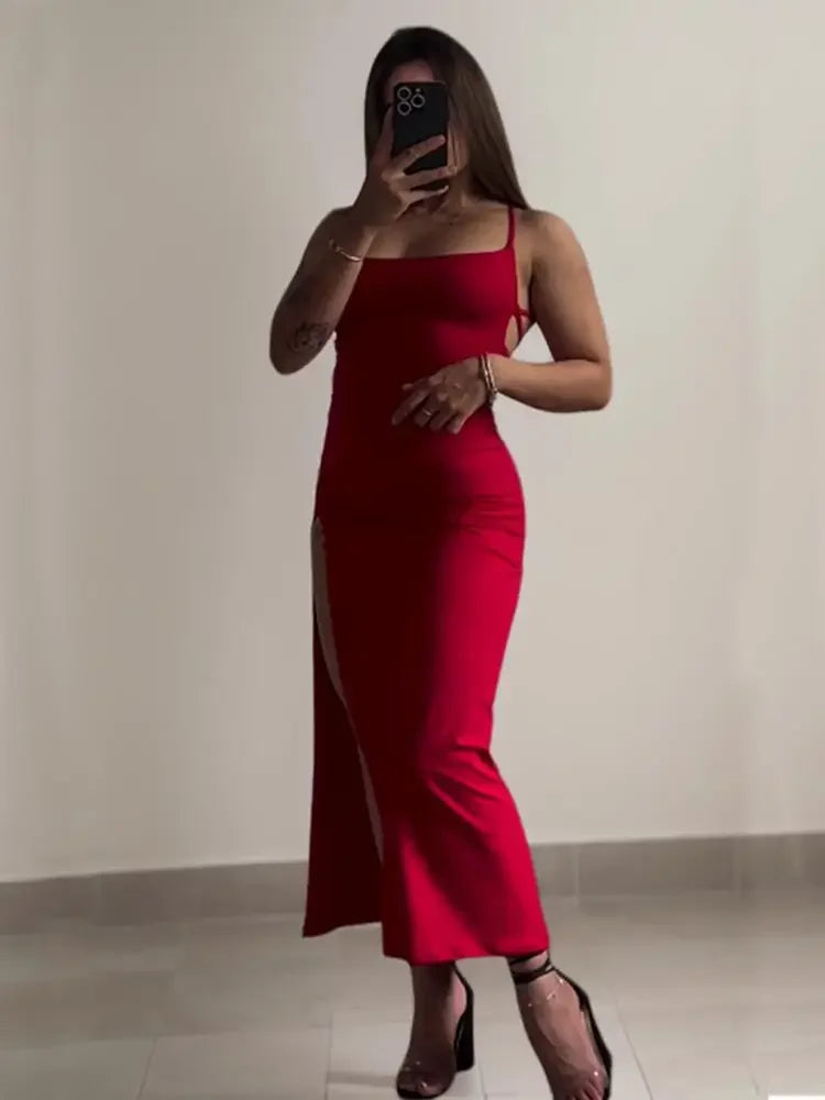 Women’s Halter Spaghetti Strap Ankle-Length Bodycon Dress