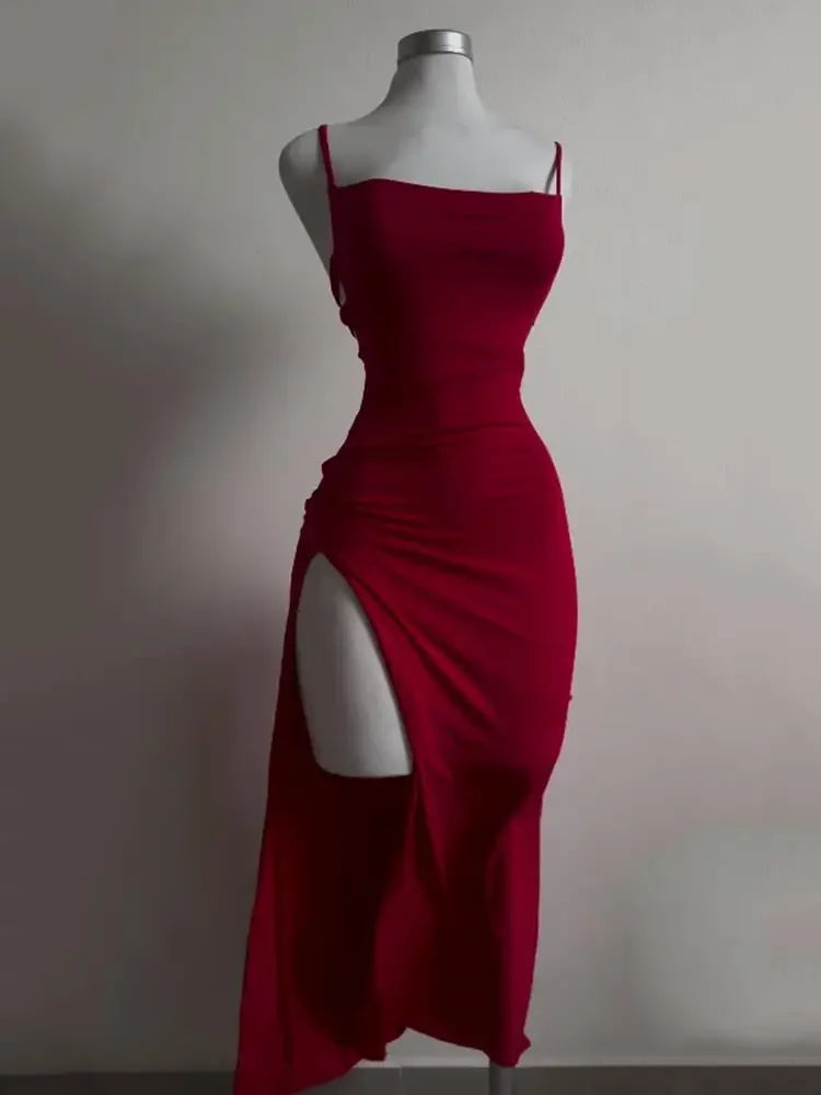 Women’s Halter Spaghetti Strap Ankle-Length Bodycon Dress