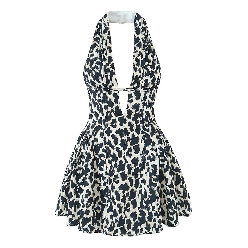 Navy Blue Color Retro Polka Dot Halter Mini Dress Backless A-Line