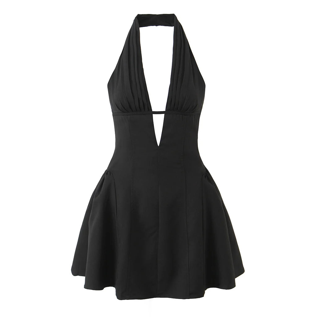 black Color Retro Polka Dot Halter Mini Dress Backless A-Line